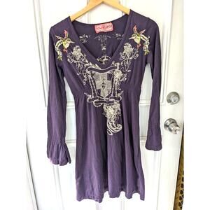 Johnny Was JWLA- long sleeve dress embroidery hummingbird dress cotton